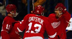 Detroit celebrates their first goal (Bill Greenblatt, UPI)