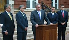 Governor-elect Jay Nixon with legislative leaders (l-r: Representative Ron Richard, Senator Charlie Shields, Governor-elect Nixon, Senator Victor Callahan, Representative Paul LeVota)