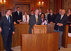 End of session Senate news conference: (front row l-r) Senate Minority Leader Victor Callahan, Senate President Pro Tem Charlie Shields, Senator Rita Days, Senate Majority Floor Leader Kevin Engler