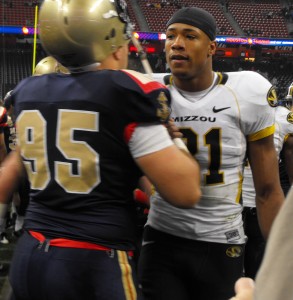 Mizzou senior Danario Alexander congratulates a Midshipmen after Navy's 35-13 win (Manny Haley, Missourinet)