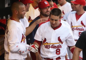 Allen Craig is congratulated by Blake Hawksworth after his first home run.  UPI/Bill Greenblatt