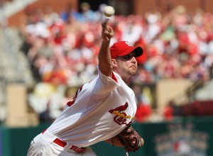 Adam Wainwright delivers a pitch against the Dodgers. UPI/Bill Greenblatt