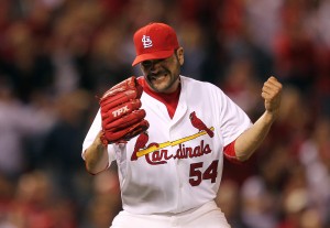 Jaime Garcia reacts after getting the final out in his complete game two hit shutout over the Brewers.  UPI/Bill Greenblatt