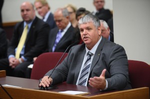 Representative Tony Dugger presents his voter photo ID bill to the House Elections Committee.  (Photo courtesy; Tim Bommel, Missouri House Communications.)