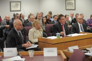 Sponsor of HB 398, Representative Jeanie Riddle (second from left), listens as representatives for Empire Electric, Ameren and Kansas City Power and Light testify for the proposal.  (Photo courtesy; TIm Bommel, Missouri House Communications)