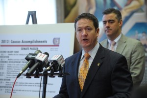 House Speaker Tim Jones (at the mic) and Senate President Pro-Tem Tom Dempsey held a joint media conference after both chambers adjourned Thursday for Spring Break.  (Photo courtesy; Tim Bommel, Missouri House Communications)