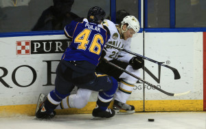 St. Louis Blues Roman Polak of the Czech Republic keeps Dallas Stars Tom Wandell of Sweden from the puck in the third period at the Scottrade Center in St. Louis on April 19, 2013. UPI/Bill Greenblatt