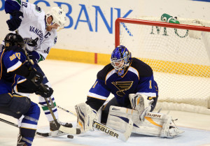 St. Louis Blues goaltender Brian Elliott prepares to stop Vascouver Canucks Henrik Sedin of Finland from shooting the puck in the third period at the Scottrade Center in St. Louis on April 16, 2013. St. Louis won the game 2-1 in a shootout.    UPI/Bill Greenblatt