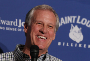 Jim Crews laughs with reporters after it was announced he has been named the new head coach of the Saint Louis University Billikens mens basketball team in St. Louis on April 12, 2013. Crews led the 2012-13 team as interim head coach at the beginning of the season after it was announced that head coach Rick Majerus would not coach. Majerus died on December 1, 2012. After winning a school record 28 games this season, Crews was named A-10 coach of the year and Sporting News  and the National Asociation of Basketball Coaches Coach of the Year as well. UPI/Bill Greenblatt