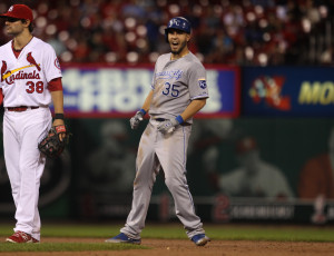 Kansas City Royals Eric Hosmer yells out after reaching second base with a two RBI double in the ninth inning against the St. Louis Cardinals at Busch Stadium in St. Louis on May 30, 2013. UPI/Bill Greenblatt