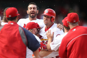 St. Louis Cardinals starting pitcher Joe Kelly stands in the dugout after coming out of the game against the Los Angeles Dodgers in the sixth inning at Busch Stadium in St. Louis on August 6, 2013. UPI/Bill Greenblatt