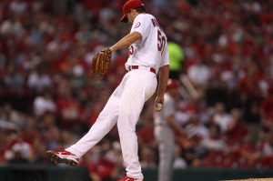 St. Louis Cardinals starting pitcher Adam Wainwright kicks the dirt on the mound after giving up another run in the first inning against the Cincinnati Reds at Busch Stadium in St. Louis on August 28, 2013.  Wainwright gave up six runs in the first inning and three in the second inning before leaving the game.    UPI/Bill Greenblatt