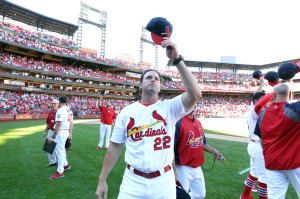 St. Louis Cardinals manager Mike Matheny tips his cap to the fans as players return to the field to salute the fans after a 4-0 victory over the Chicago Cubs at Busch Stadium in St. Louis on September 29, 2013. UPI/Bill Greenblatt