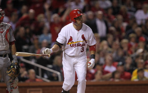 St. Louis Cardinals Carlos Beltran watches his two run home run leave the park in the fifth inning against the Washington Nationals at Busch Stadium in St. Louis on September 23, 2013. The home run was good for two runs. UPI/Bill Greenblatt