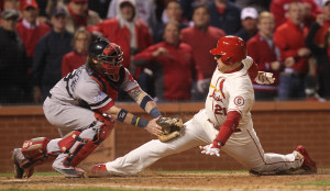 Boston Red Sox catcher Jared Saltalamacchia appears to tag out St. Louis Cardinals Allen Craig at homeplate in the ninth inning of Game 3 of the World Series at Busch Stadium in St. Louis on October 26, 2013. Craig was called safe after an interference call at third base allowed him to take a base. St. Louis won the game 5-4. UPI/Bill Greenblatt