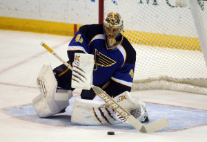 St. Louis Blues goaltender Jaroslav Halak makes a stop on a shot by the Minnesota Wild in the first period at the Scottrade Center in St. Louis on November 25, 2013. UPI/Bill Greenblatt