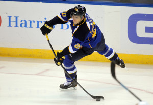 St. Louis Blues Alexander Steen takes a shot on the Calgary Flames goal in the first period at the Scottrade Center in St. Louis on November 7, 2013.    UPI/Bill Greenblatt