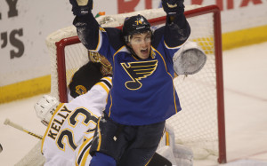 St. Louis Blues T.J. Oshie celebrates his game winning goal in overtime against the Boston Bruins at the Scottrade Center in St. Louis on February 6, 2014. St. Louis won the game 3-2. UPI/Bill Greenblatt