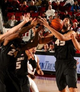 Keanau Post struggles for control of a rebound.  (Photo/Mizzou Athletics-Dale Zanine USA Today)