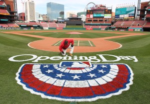 Busch Stadium head painter Billy Martin makes last minute touchups to the Opening Day logo, painted behind homeplate at Busch Stadium in St. Louis on March 28, 2011. The Cardinals will host the San Diego Padres on Opening Day March 31. UPI/Bill Greenblatt