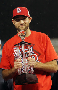 St. Louis Cardinals starting pitcher Michael Wacha holds the most valuable player trophy after Game 6 of the National League Championship Series against the Los Angeles Dodgers at Busch Stadium in St. Louis on October 18, 2013. St. Louis won the game 9-0 and will now advance to the 2013 World Series. UPI/Bill Greenblatt