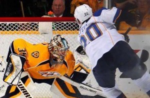 Alex Steen of the Blues is stopped by Nashville's Pekka Rinne on a penalty shot (photo/NHL.com)