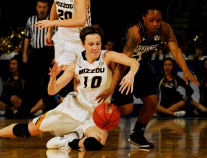 Mizzou's Maddie Stock fights for a loose ball during the SEC Tournament (photo/courtesy SEC Conference)