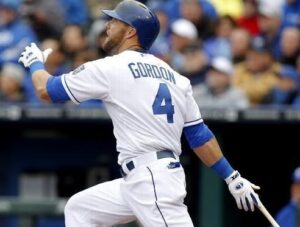 Alex Gordon watches his three-run double in the first inning. (photo/MLB)