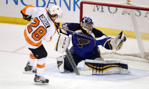 St. Louis Blues goaltender Ryan Miller snags a shot by Philadelphia Flyers Claude Giroux during a shootout at the Scottrade Center in St. Louis on April 1, 2014.  St. Louis won the game 1-0.  UPI/Bill Greenblatt