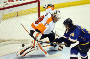 St. Louis Blues T.J. Oshie gets the puck past Philadelphia Flyers goaltender Ray Emery for a goal during a shootout at the Scottrade Center in St. Louis on April 1, 2014.  St. Louis won the game 1-0.  UPI/Bill Greenblatt