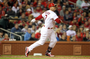 St. Louis Cardinals Matt Holliday watches his two RBI double land into right field in the sixth inning  against the Cincinnati Reds at Busch Stadium in St. Louis on April 8, 2014.   UPI/Bill Greenblatt