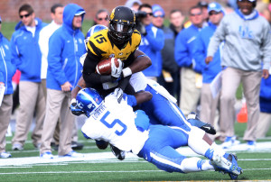 Missouri Tigers Dorial Green-Beckham is tackled by the Kentucky Wildcats defense the fourth quarter at Faurot Field in Columbia, Missouri on October 27, 2012. Missouri defeated Kentucky 33-10. UPI/Bill Greenblatt