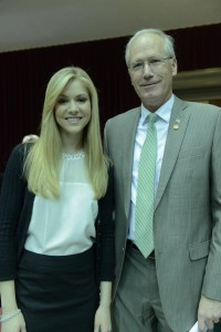 Miss America 2008 Kirsten Haglund stands with Representative Rick Stream, sponsor of the House version of the eating disorder insurance legislation. (Photo courtesy; Tim Bommel, Missouri House Communications)