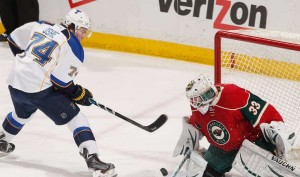 T.J. Oshie is stopped by Minnesota goalie John Curry (photo/NHL.com)