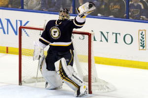 St. Louis Blues goaltender Ryan Miller catches the puck on a shot by the Detroit Red Wings in the first period at the Scottrade Center in St. Louis on April 13,2014.   UPI/Rob Cornforth