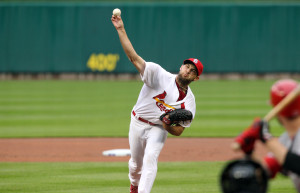 St. Louis Cardinals starting pitcher Michael Wacha delivers a pitch to the Cincinnati Reds in the fourth inning at Busch Stadium on Opening Day in St. Louis on April 7, 2014. UPI/Bill Greenblatt