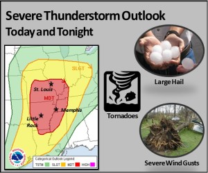 This graphic from the National Weather Service Office in St. Louis shows where the Storm Prediction Center in Oklahoma says there is a risk for severe weather today.