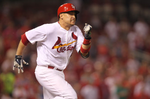 St. Louis Cardinals Allen Craig legs out a ball to score the winning run against the Arizona Diamondbacks with bases loaded in the twelveth inning at Busch Stadium in St. Louis on May 21, 2014. St. Louis won the game 3-2. UPI/Bill Greenblatt