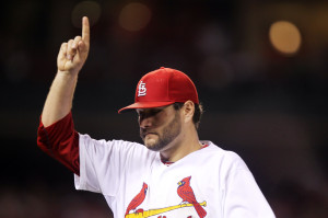 St. Louis Cardinals starting pitcher Lance Lynn acknowledges the crowd as he comes out of the game in the seventh inning against the Pittsburgh Pirates at Busch Stadium in St. Louis on July 9, 2014. UPI/Bill Greenblatt