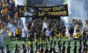 The Mizzou Tigers take the field for a game against the University of Central Florida Knights at Faurot Field in Columbia, Missouri on September 13, 2014. Missouri won the game 38-10. UPI/Bill Greeblatt