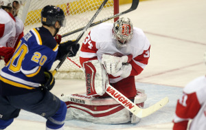 Detroit Red Wings goaltender Petr Mrazek of the Czeck Republic makes a save on a shot by St. Louis Blues Alexander Steen in the first period at the Scottrade Center in St. Louis on January 15, 2015. Photo by Bill Greenblatt/UPI