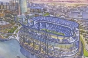 The proposed new football stadium would be open air and located on the edge of the Mississippi River.