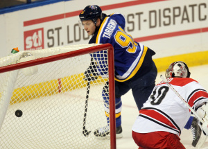 St. Louis Blues Vladimir Tarasenko of Russia watches his puck go into the net past Carolina Hurricanes goaltender in the third period at the Scottrade Center in St. Louis on January 10, 2015. St. Louis won the game in overtime 5-4.   Photo by Bill Greenblatt/UPI