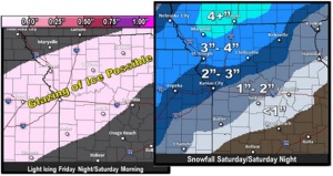 This graphic from the National Weather Service in Pleasant Hill (Kansas City) shows predicted snowfall totals from northwest through central Missouri, and where a light glaze of ice is possible.