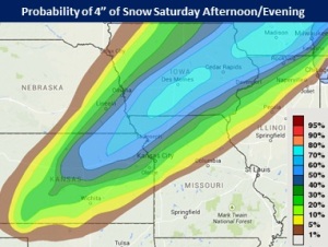 This graphic from the National Weather Service in St. Louis shows the areas with the greatest chance of having four inches of snow by Saturday afternoon.