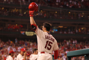 St. Louis Cardinals Randal Grichuk tips his cap to the crowd after hitting his second home run of the night against the the New York Mets in the eighth inning at Busch Stadium in St. Louis on July 18, 2015. Grichuk went 3-3 with two home runs and six RBI's in the 12-2 win over New York.  Photo by Bill Greenblatt/UPI