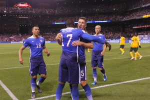 U.S.A.'s Jozy Altidore (17) celebrates with teammates after scoring a goal in the first half against St. Vincent and the Grenadines at Busch Stadium in St. Louis on November 13, 2015.   Photo by Bill Greenblatt/UPI