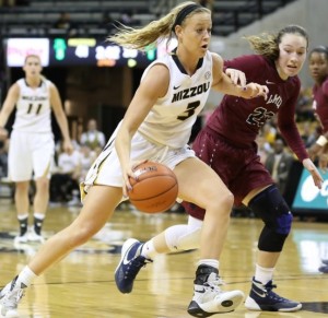 Sophie Cunningham drives around a Loyola-Marymount player (photo/Mizzou Athletics)