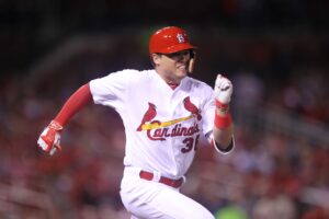 St. Louis Cardinals Aledmys Diaz runs to first base as he grounds out to third base in the sixth inning against the Cincinnati Reds at Busch Stadium in St. Louis on September 27, 2016. Photo by Bill Greenblatt/UPI