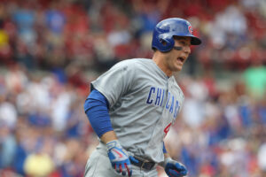 Chicago Cubs Anthony Rizzo yells out as he runs towards first base after hitting a two run home run in the ninth inning against the St. Louis Cardinals at Busch Stadium in St. Louis on September 14, 2016. Chicago defeated St. Louis 7-0. Photo by Bill Greenblatt/UPI